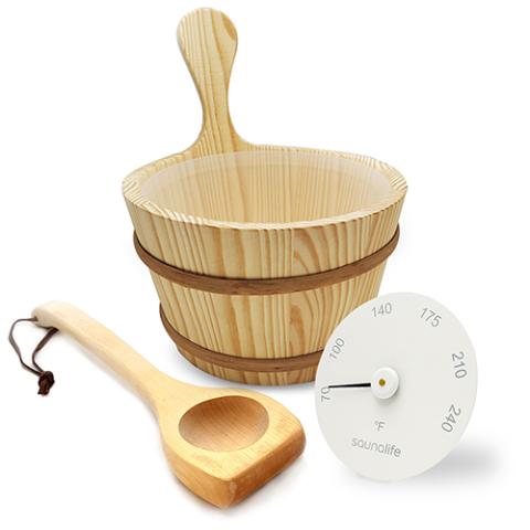 sauna bucket package with liner, ladle and thermometer
